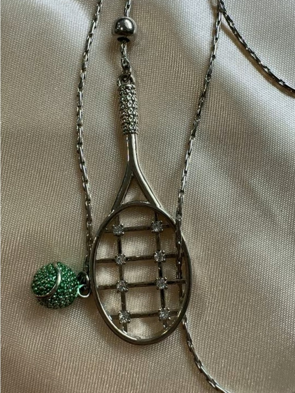 Original Use Silver Tennis Racket Necklace with Green Tennis Ball Charm